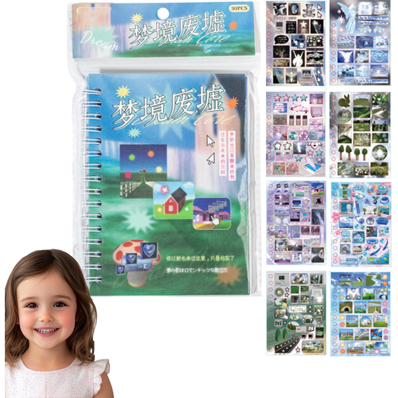 Dreaming of Retro Style Sticker Book, 30-Page Japanese Retro Dreamcore Sticker with Frosted Glitter, 2026 New Y2K Aesthetic Stickers Book for Journaling, Scrapbooking, DIY Decoration (B)