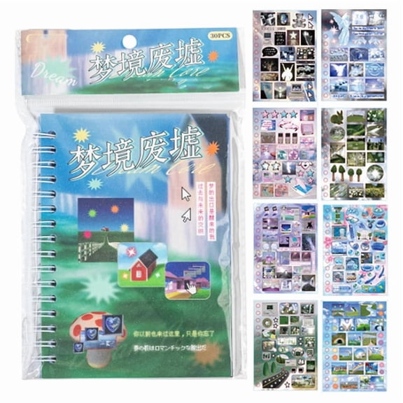 Dreaming of Retro Style Sticker Book, 30-Page Japanese Retro Dreamcore Sticker with Frosted Glitter, B