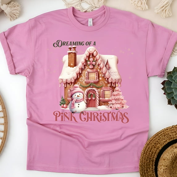 Dreaming of a Pink Christmas T-Shirt | Gingerbread House Holiday Tee, Azalea, Size 3XL