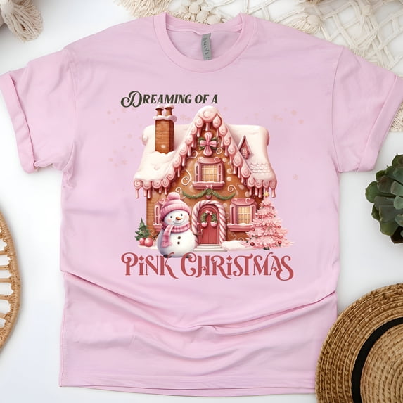 Dreaming of a Pink Christmas T-Shirt | Gingerbread House Holiday Tee, Light Pink, Size 3XL