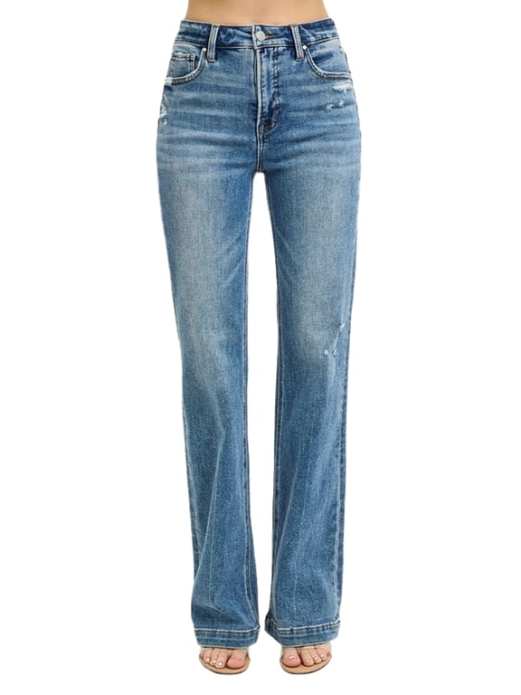 Dreamkue-Risen Women's Distressed Bootcut Jeans High Waist Stretch Denim Pants Color: Medium, Size: 3XL