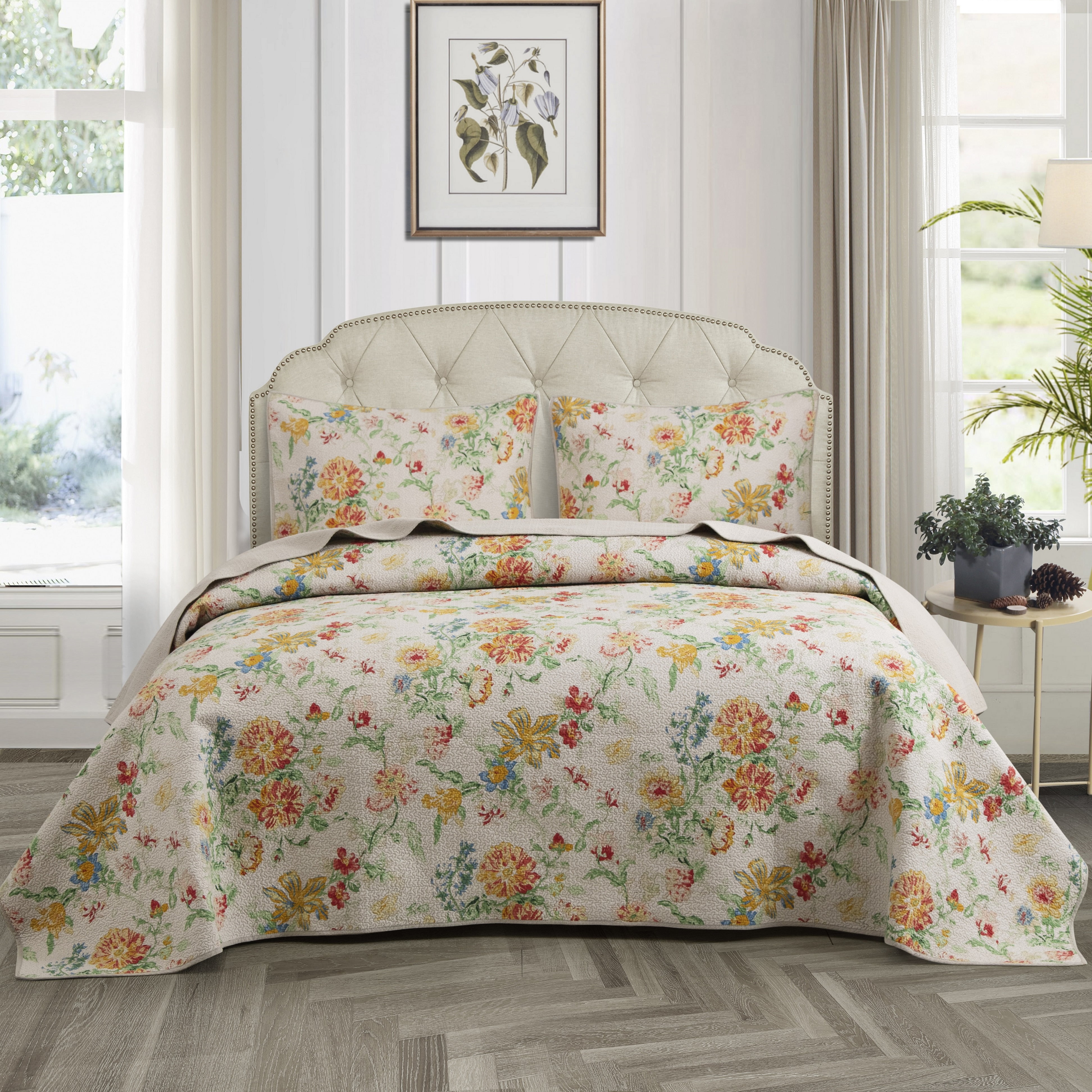 King Size Floral Cotton Quilt Set with Pillow Shams