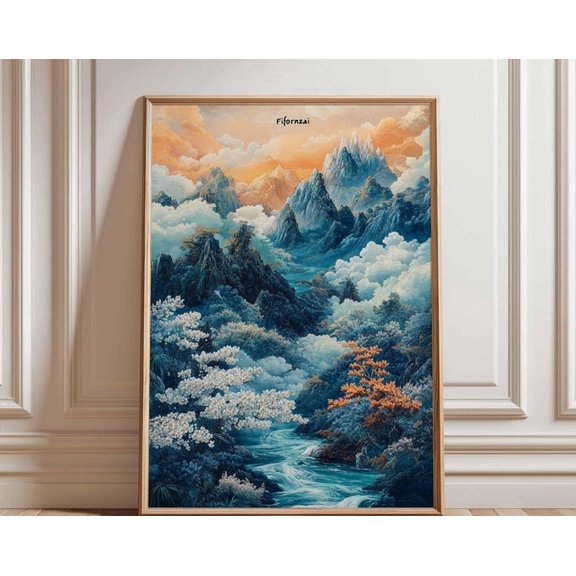 Dreamlike Cloud Forest Blue Orange Wall Art Print, Unframed Paper Poster 24x36in