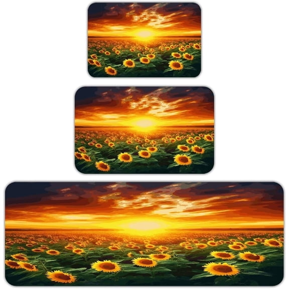 Dreamlike Sunset Of A Sunflower Field Kitchen Rugs Sets of 3 Washable Kitchen Mats for Floor Non Slip Soft Kitchen Area Rug Anti Fatigue Kitchen Mats Farmhouse Kitchen Rugs for Laundry Desk Office