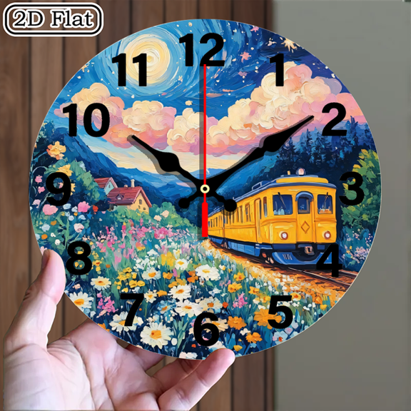 Dreamlike Van Gogh Style Train Meadow Wall Clock Round 10x10 Inch 1pc Battery Not Included