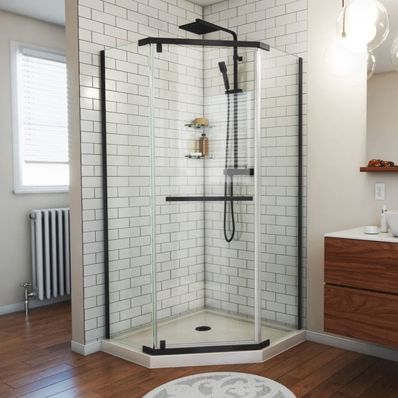 Prism 42 Inch x 74-3/4 Inch Frameless Neo-Angle Pivot Shower Enclosure with Corner Drain Shower Base
