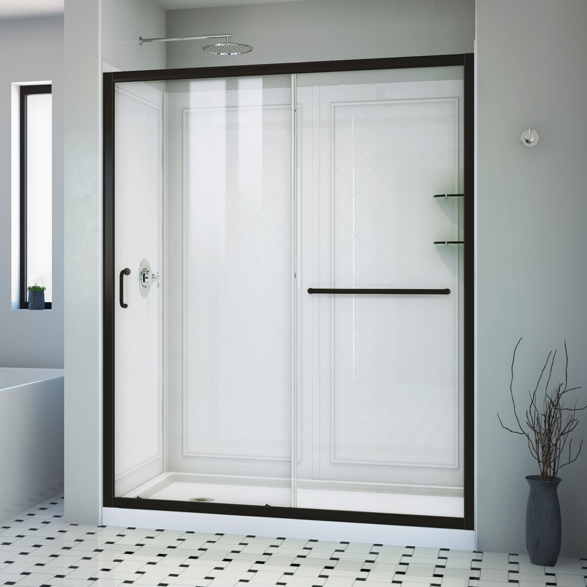 Matte Black Clear Glass Sliding Shower Kit with Left Drain