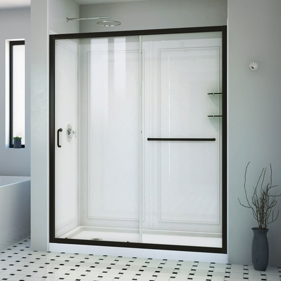 Infinity-Z 30 Inch D x 60 Inch W x 76-3/4 Inch H Clear Sliding Shower Door with Left Drain Shower Base and Back Wall
