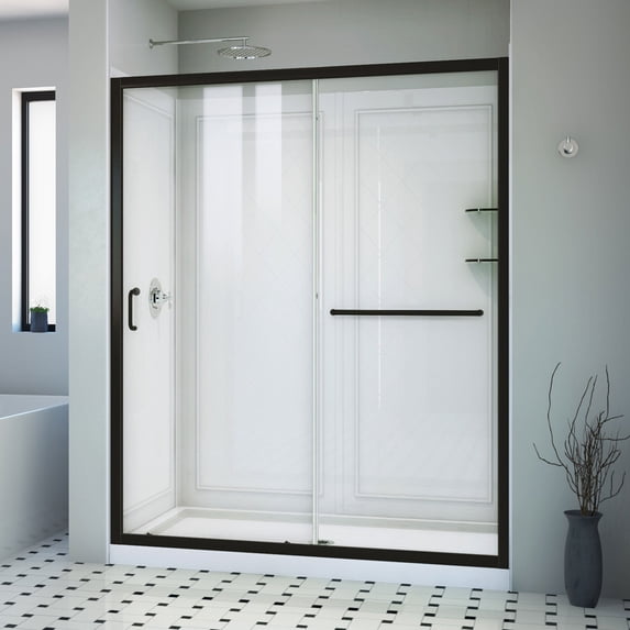 Infinity-Z 34 Inch D x 60 Inch W x 76-3/4 Inch H Clear Sliding Shower Door with Center Drain Shower Base and Back Wall