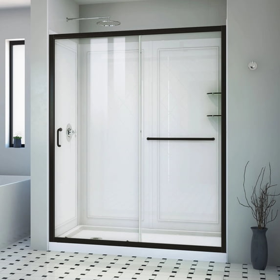 Infinity-Z 34 Inch D x 60 Inch W x 76-3/4 Inch H Clear Sliding Shower Door with Left Drain Shower Base and Back Wall