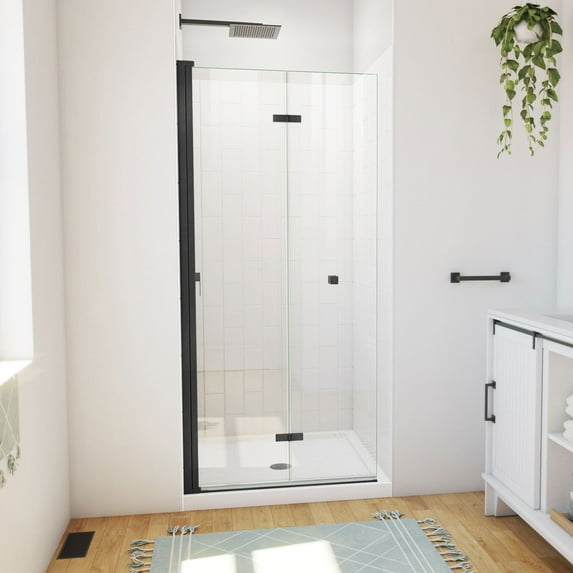 Aqua Q Fold 36 Inch D x 36 Inch W x 76-3/4 Inch H Frameless Bi Fold Shower Door in Matte Black with White Acrylic Kit