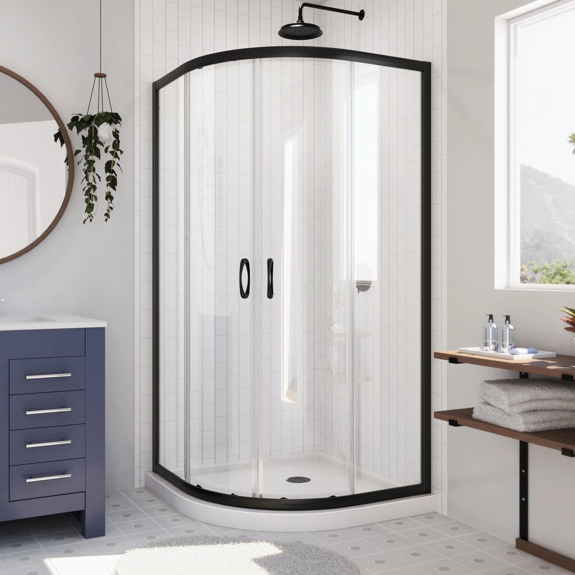Prime 33" Matte Black Semi-Frameless Sliding Shower Enclosure with White Base