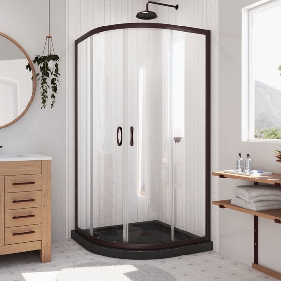 Prime 36 Inch x 74-3/4 Inch Semi Frameless Clear Glass Sliding Shower Enclosure in Matte Black with Black Base Kit