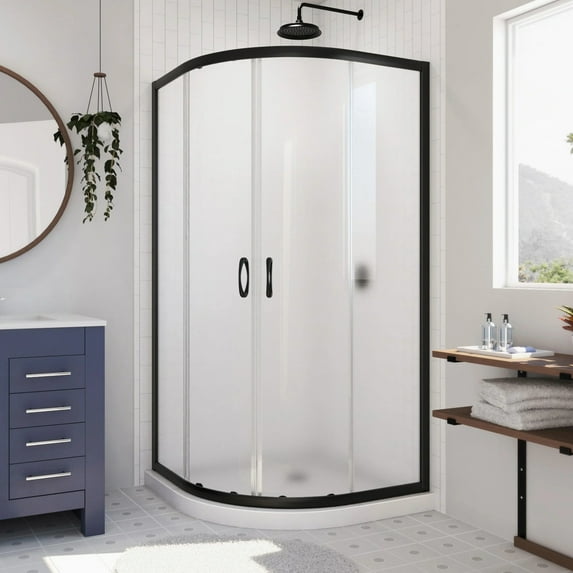 Prime 36 Inch x 74-3/4 Inch Semi Frameless Frosted Glass Sliding Shower Enclosure in Chrome with Black Base Kit