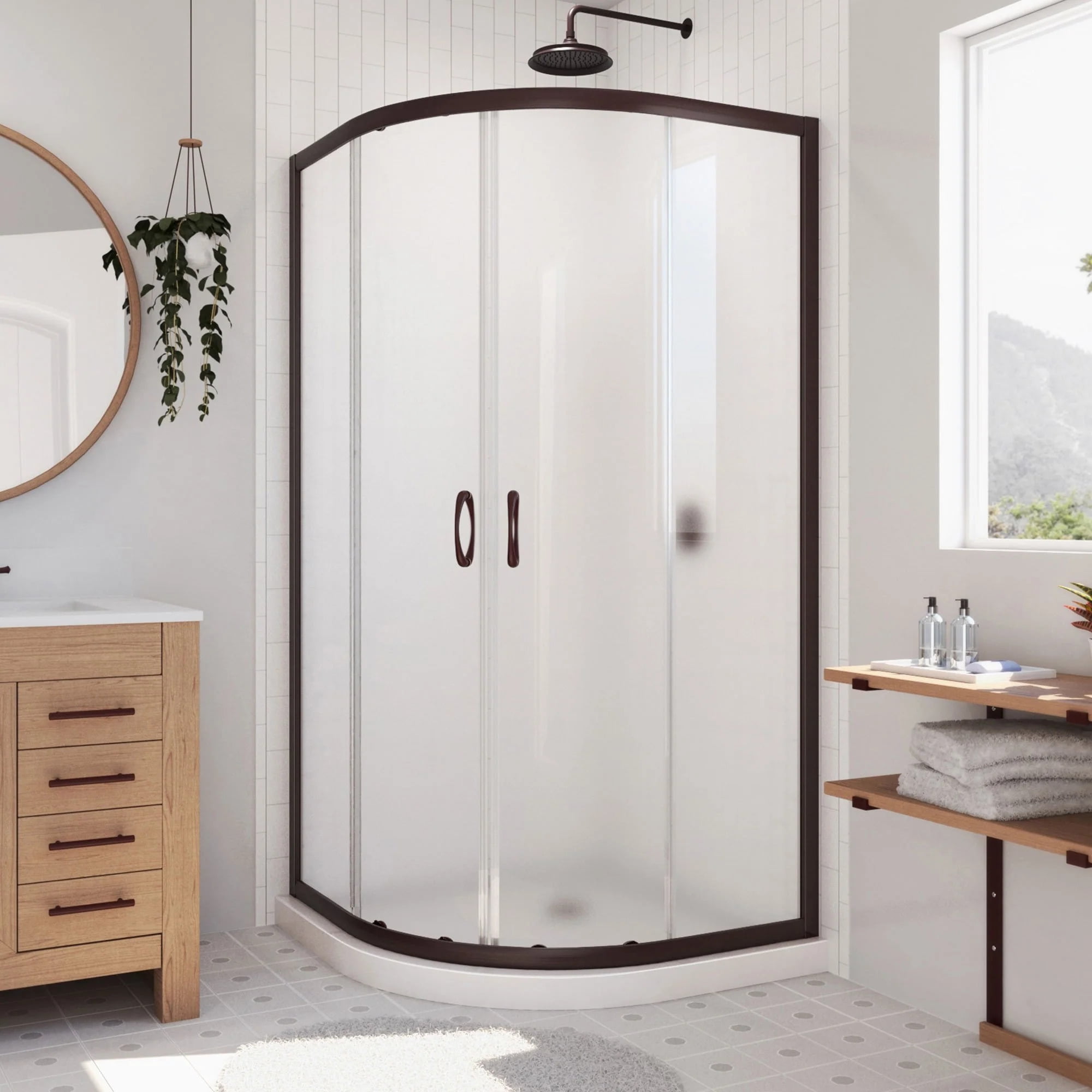 Prime 36" Oil Rubbed Bronze Semi-Frameless Frosted Glass Sliding Shower Enclosure