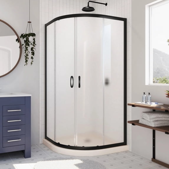 Prime 38 Inch x 74-3/4 Inch Semi Frameless Frosted Glass Sliding Shower Enclosure in Chrome with Black Base Kit