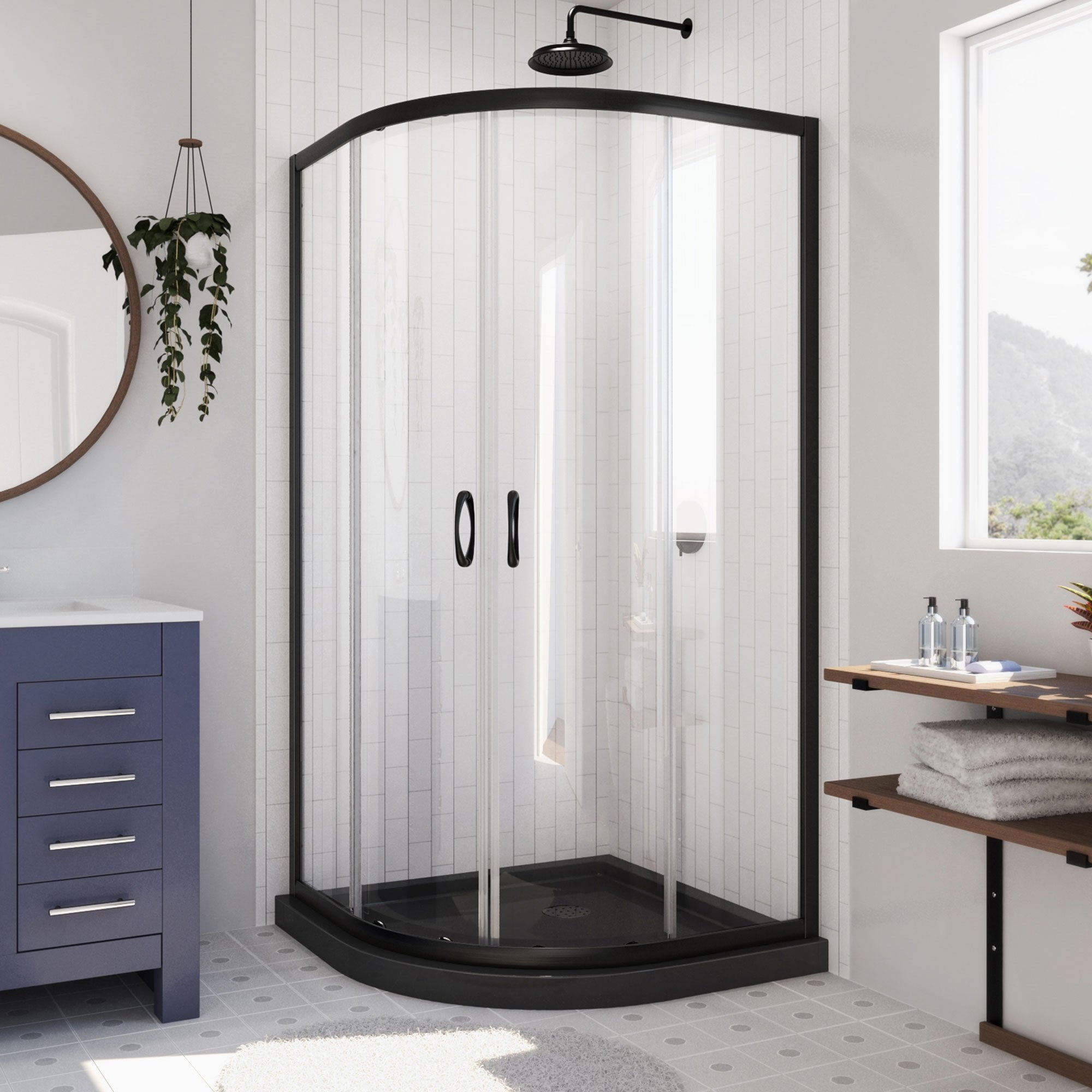 Prime Matte Black Semi-Frameless Round Shower Enclosure with Clear Glass