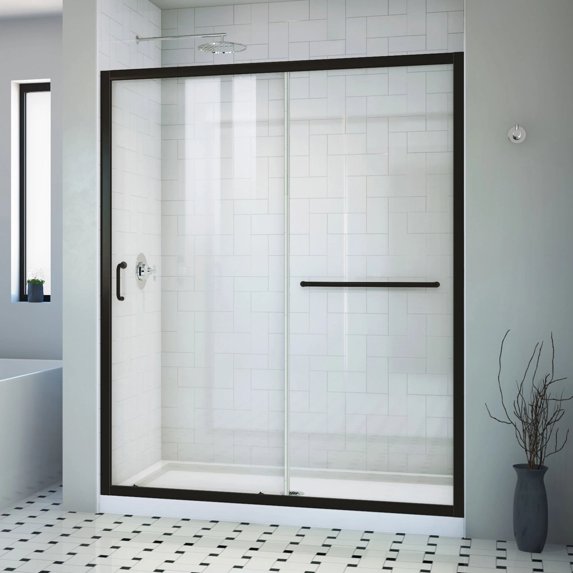 Infinity-Z 32 Inch D x 60 Inch W x 74-3/4 Inch H Clear Sliding Shower Door with Right Drain Shower Base