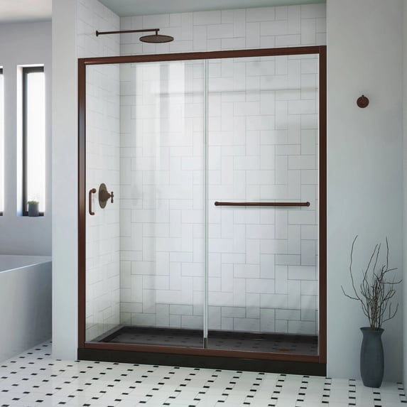 Infinity-Z 32 Inch D x 60 Inch W x 74-3/4 Inch H Clear Sliding Shower Door with Right Drain Shower Base