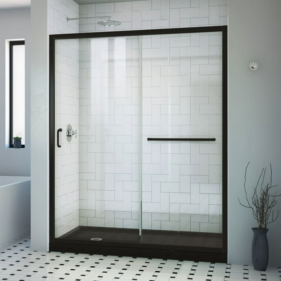 Infinity-Z 30 Inch D x 60 Inch W x 74-3/4 Inch H Clear Sliding Shower Door with Left Drain Shower Base