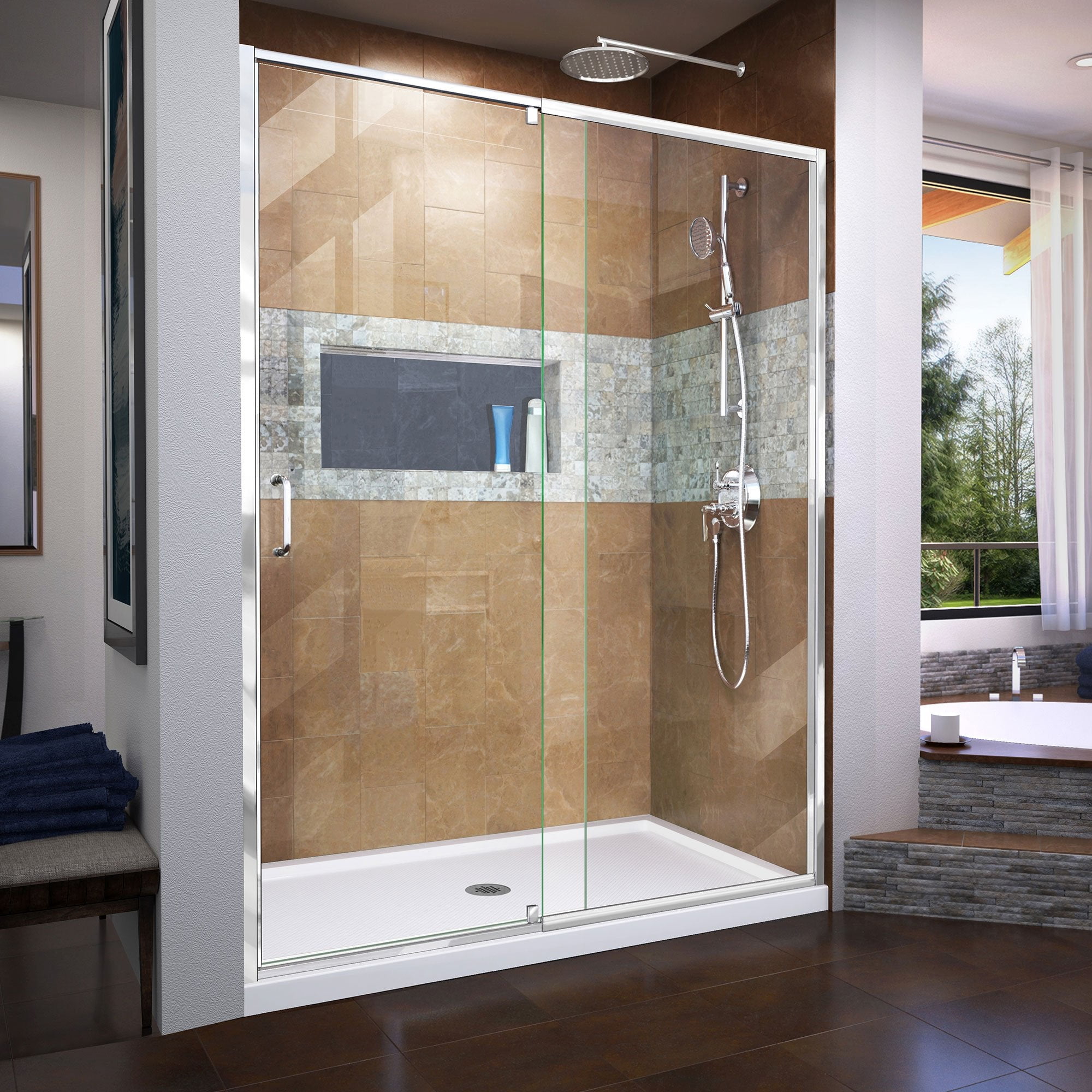 Chrome Semi-Frameless Pivot Shower Door with Clear Glass