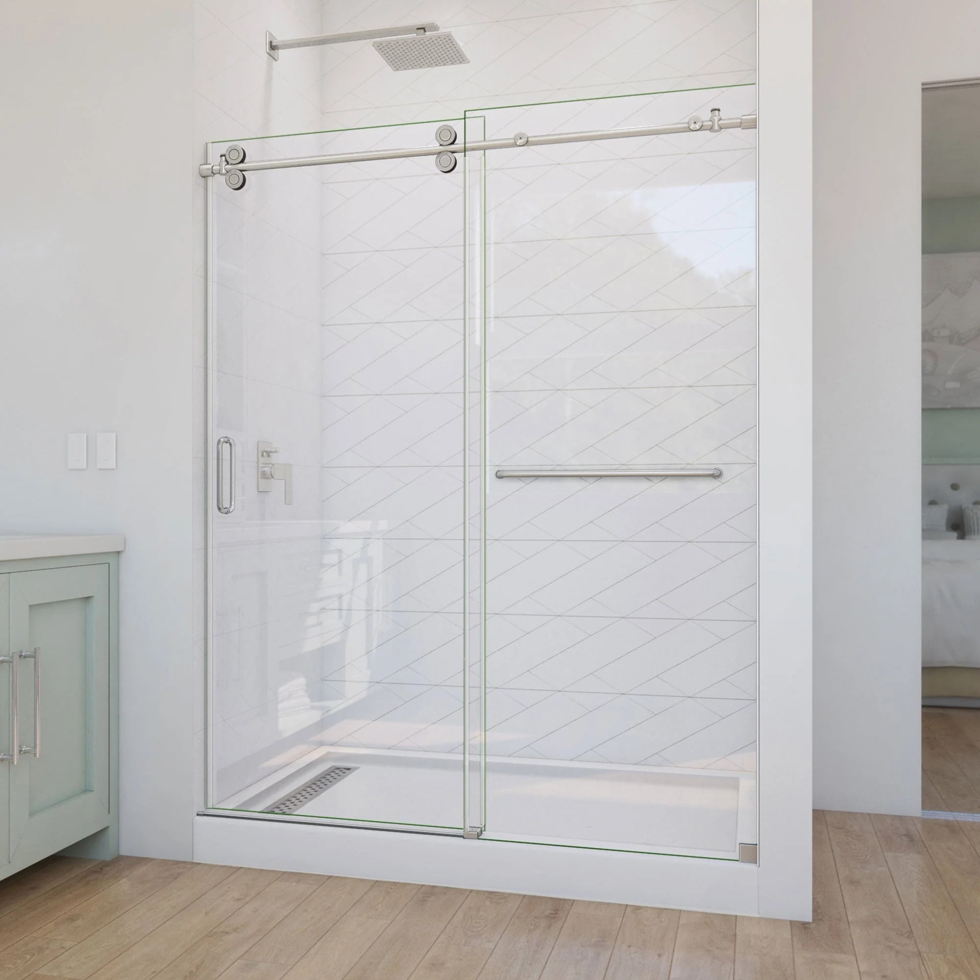 Enigma-CXO 60'' Frameless Sliding Shower Door in Brushed Stainless Steel