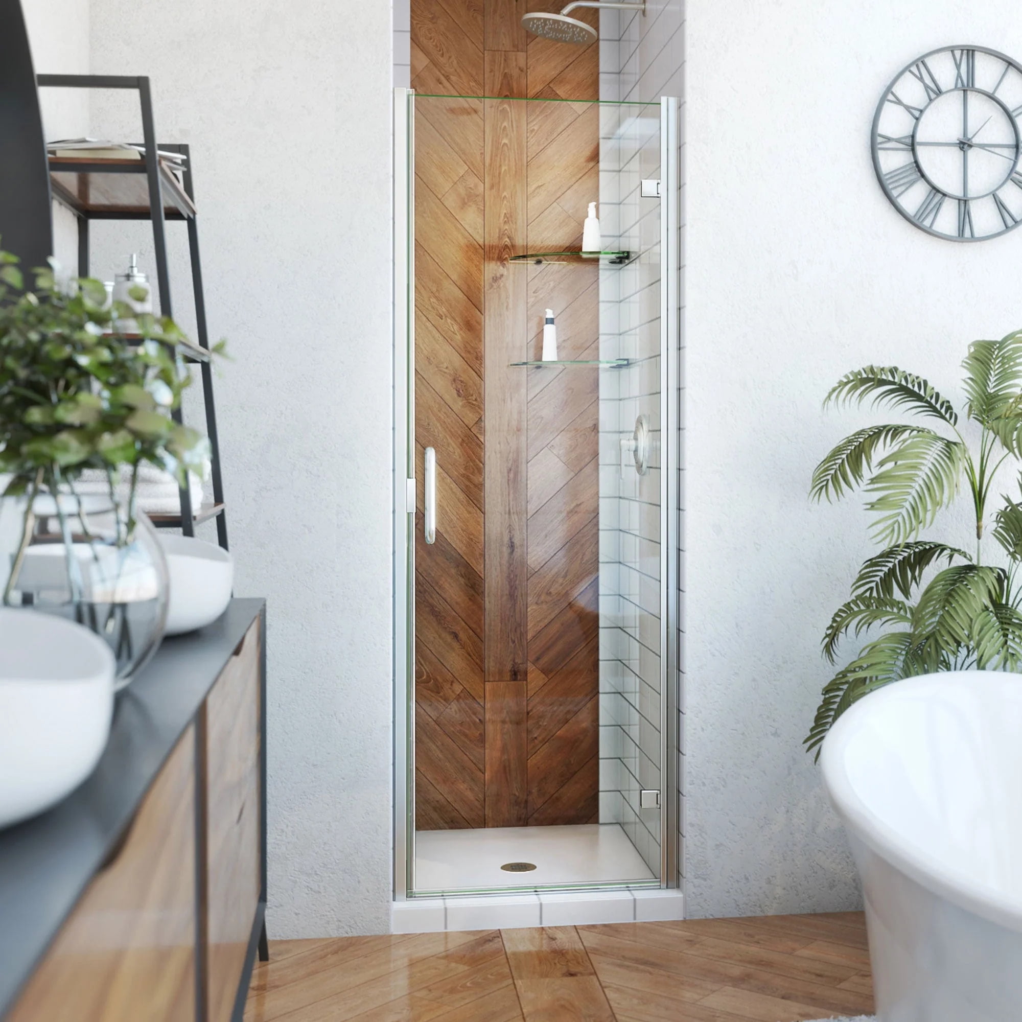 Brushed Nickel Semi-Frameless Hinged Shower Door with Clear Glass
