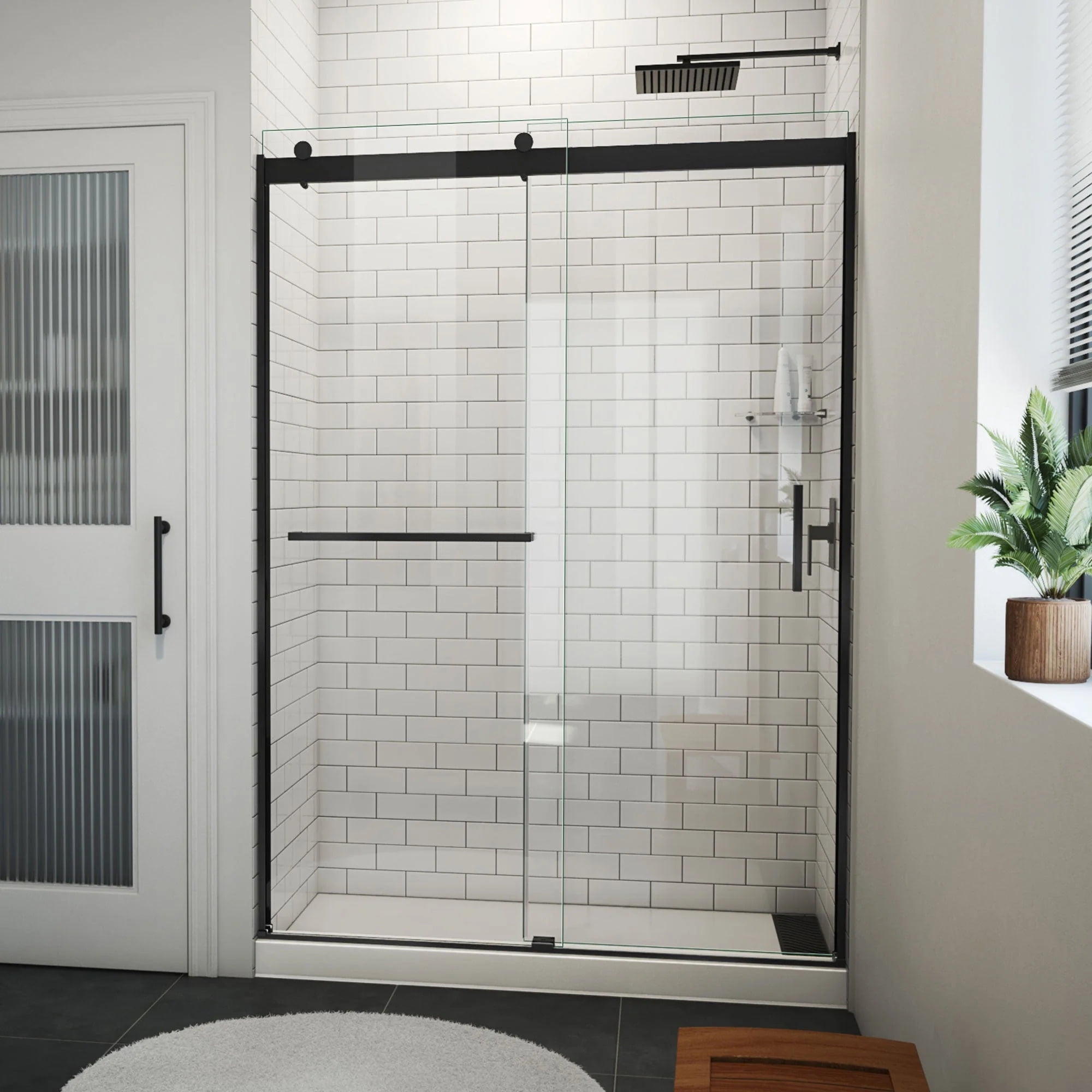 Sapphire-V Matte Black and Clear Glass 76" High x 54" Wide Semi-Frameless Bypass Shower Door