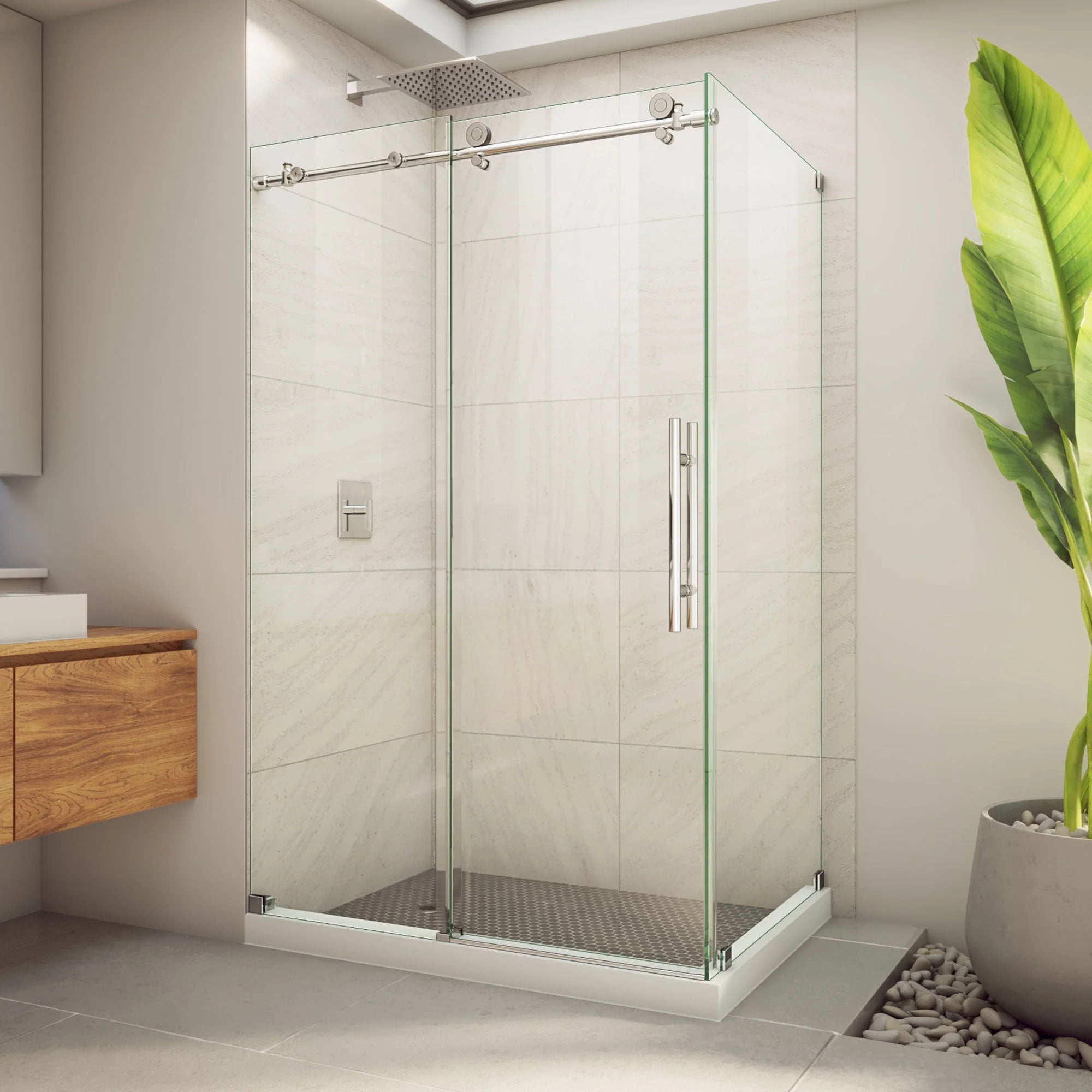 76" Frameless Clear Glass Sliding Shower Enclosure with Polished Stainless Steel Frame