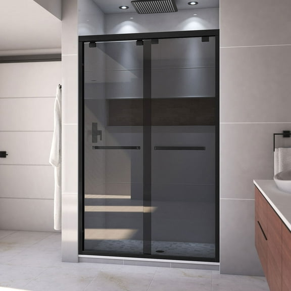 Encore 44-48 Inch W x 76 Inch H Semi Frameless Bypass Sliding Shower Door in Matte Black and Gray Glass