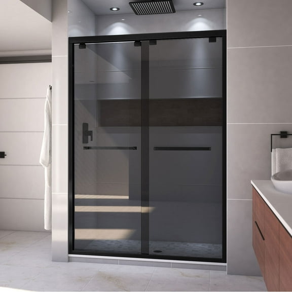 Encore 50-54 Inch W x 76 Inch H Semi Frameless Bypass Sliding Shower Door in Matte Black and Gray Glass