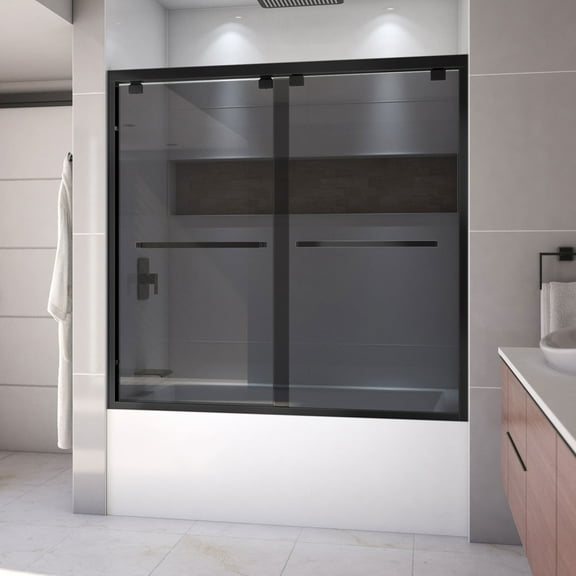 Encore 56-60 Inch W x 58 Inch H Semi Frameless Bypass Sliding Tub Door in Matte Black and Gray Glass