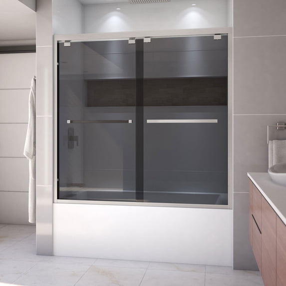 Encore 56-60 Inch W x 58 Inch H Semi Frameless Bypass Sliding Tub Door in Brushed Nickel and Gray Glass