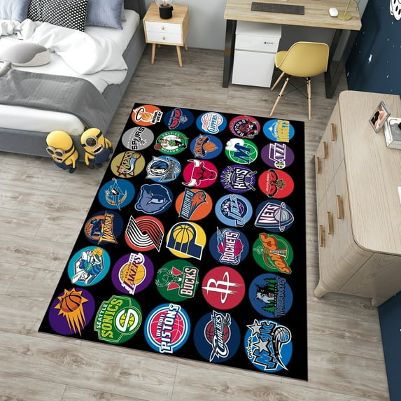 Dreammotif Basketball Team Logos Rug, Modern Area Rug, Game Room Decor, Colorful Living Room Rugs, Big Bedroom Rug For Teens