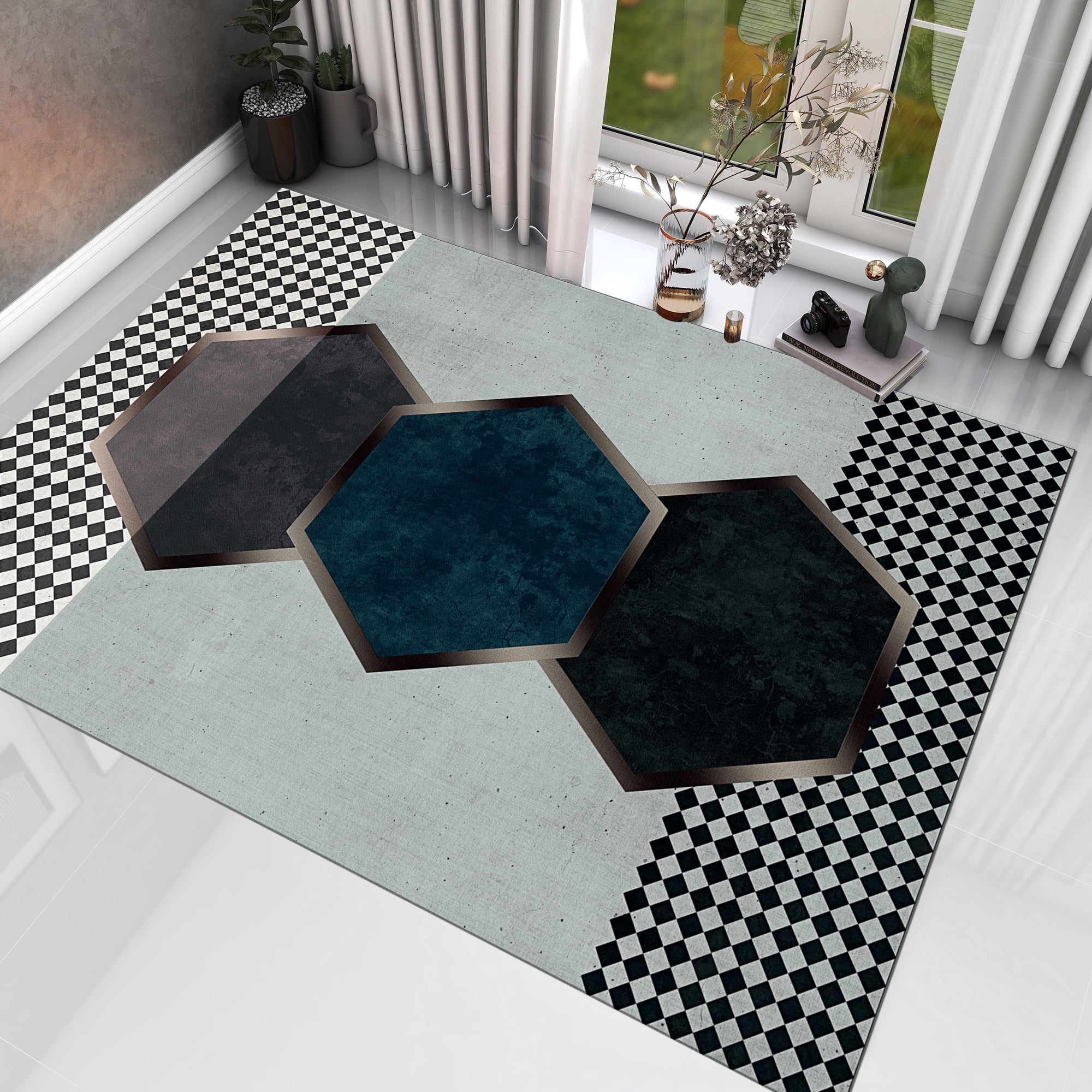 Hexagonal Pattern Rug Dreammotif Black Hexagon Pattern Modern Area Rug for Living Room - 4.6 ...