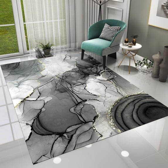Dreammotif Black White Marble Modern Area Rug for Living Room and Home - 6 x 8.5 ft Machine Washable, Thin, Non Slip Backing Carpet
