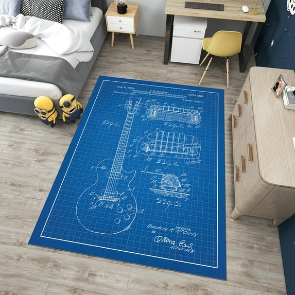 Dreammotif Blue Guitar Rug, Modern Area Rugs, Colorful Living Room Decor, Game Room, Big Bedroom Rug For Teens, Durable Floor Carpet