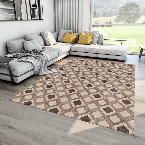 Dreammotif Brown Square Pattern Modern Area Rug for Living Room - 3.3 x 5 ft Machine Washable, Thin, Non Slip Backing Carpet