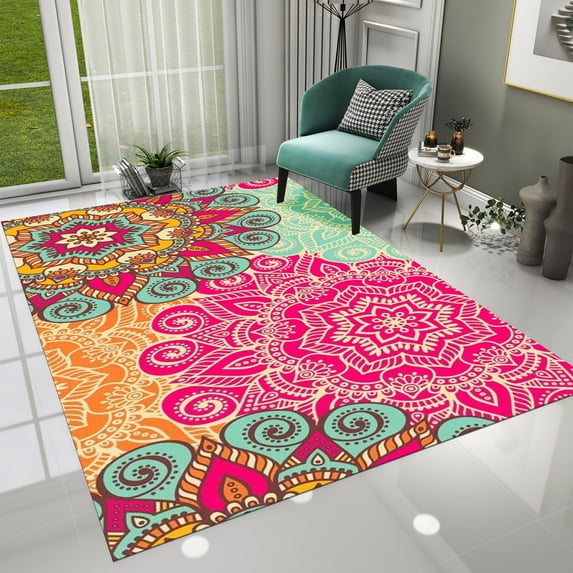 Dreammotif Floral Pattern Mandala Modern Area Rug for Living Room - 5.3 x 7.6 ft Machine Washable, Thin, Non Slip Backing Carpet