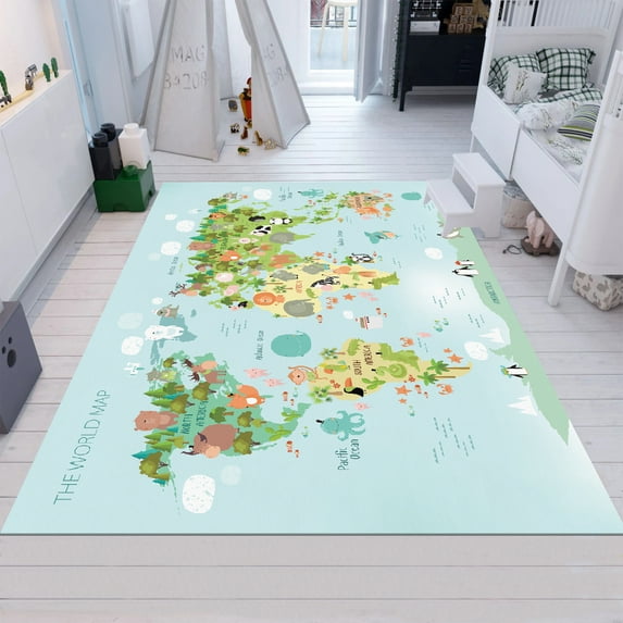 Dreammotif Map Rug, Animal Pattern Rug, Children Rug,Educational Rugs, Nursery Rugs, World Map With Animals Rug, Kids Room Rug, Nursery Rug, Area Rug