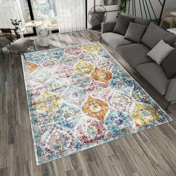 Dreammotif Modern Colorful Vintage Modern Area Rug for Living Room - 4.6 x 6.5 ft Machine Washable, Thin, Non Slip Backing Carpet