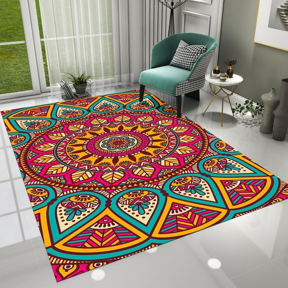 Dreammotif Mutlicolor Mandala Modern Area Rug for Living Room - 4 x 6 ft Machine Washable, Thin, Non Slip Backing Carpet
