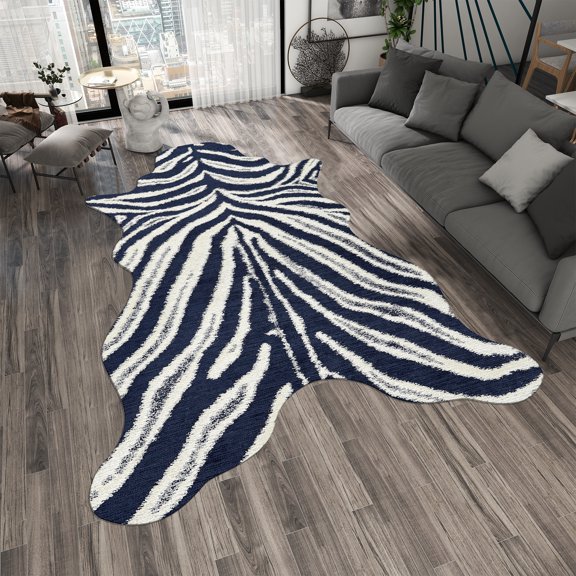 Dreammotif Navy Blue Zebra Design Modern Area Rug for Living Room - 4 x 6 ft Machine Washable, Thin, Non Slip Backing Carpet