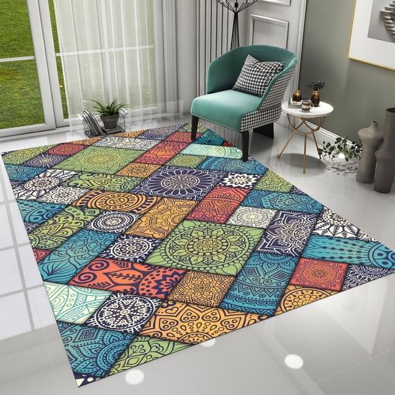 Dreammotif Patterned Colorful Mandala Modern Area Rug for Living Room - 3.3 x 5 ft Machine Washable, Thin, Non Slip Backing Carpet