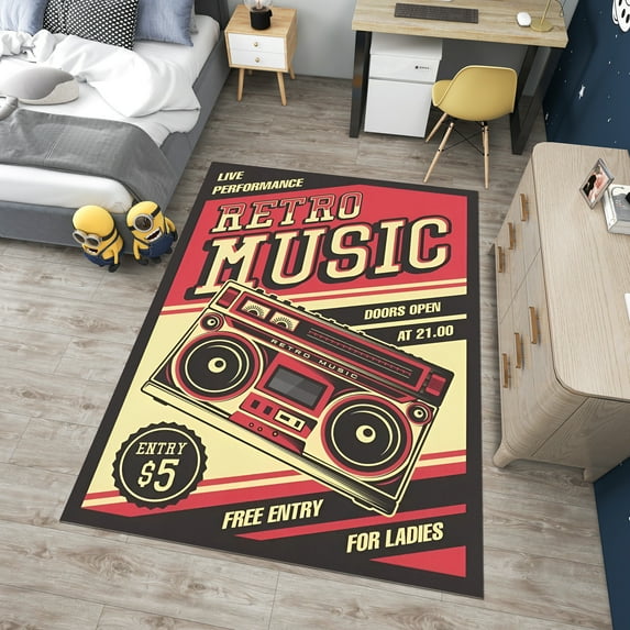 Dreammotif Retro Music Rug, Colorful Modern Area Rug, Game Room Decor, Bedroom Decor For Teens, Large Living Room Rugs