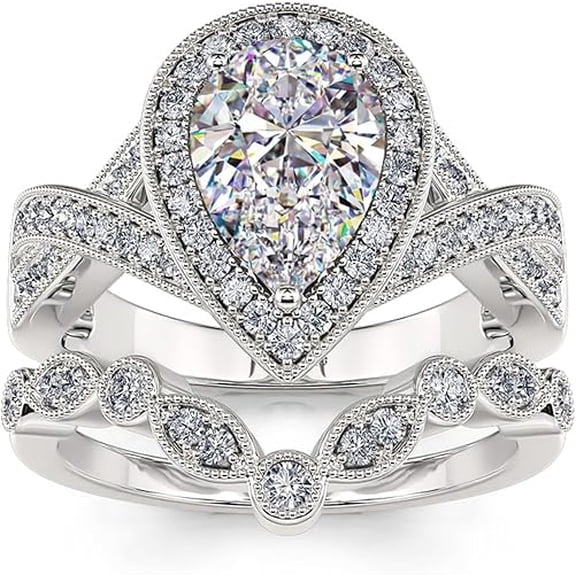 Dreamofdazzle Jewels 925 Sterling Silver 2.30 Ct Pear Cut White Diamond Wedding Engagement Thanksgiving Christmas Bridal Ring Set 14K White Gold Plated For Women's -7.5