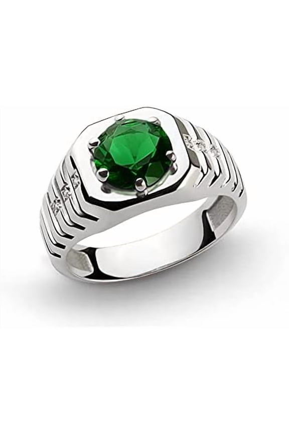 1.20 Ct Round Cut Green Emerald Wedding Engagement Band Pinky Ring 14K White Gold Plated 925 Sterling Silver For Men's -6.5