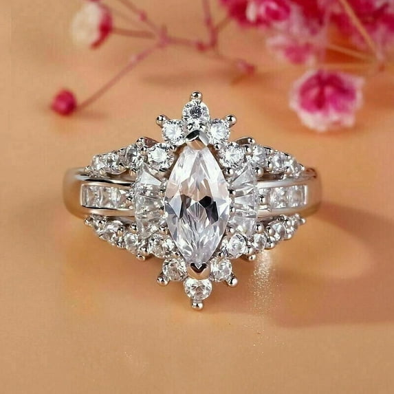Dreamofdazzles Jewels 1.20 Ctw Marquise Cut White Diamond Wedding Anniversary Engagement Band Ring 14K White Gold Plated 925 Sterling Silver 925 Sterling Silver -5