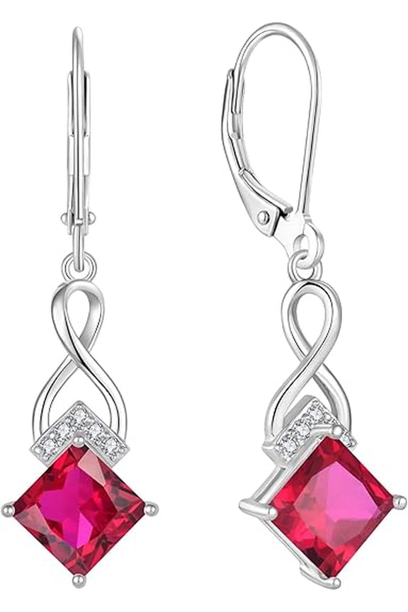 1.60 Ct Princess Cut Red Ruby Womens Infinity Dangle Drop Earrings 14K White Gold Plated