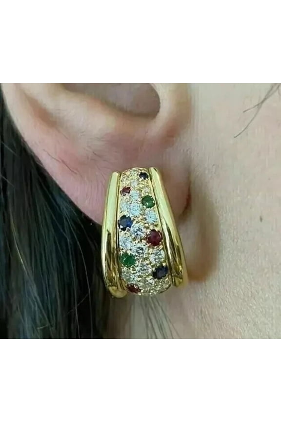 1.65 Ctw Round Cut Rainbow Diamond Engagement Hoop Earrings 14K Yellow Gold Plated 925 Sterling Silver For Womens